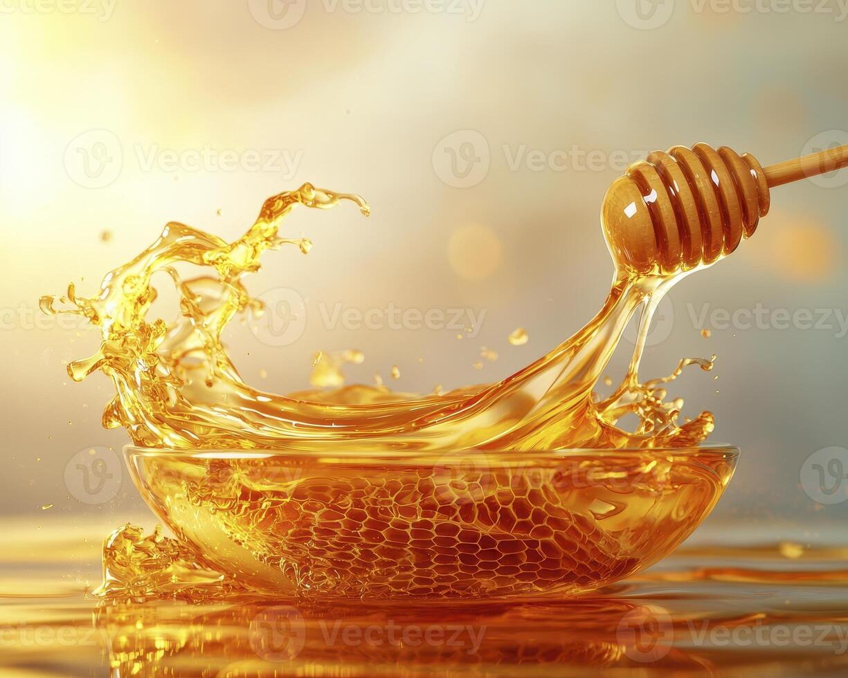 Golden Honey Delight A Captivating Close-Up of Flowing Honey, Featuring a Wooden Honey Dipper and a Glass Bowl, Bathed in Warm Sunlight Capturing the Sweetness and Natural Beauty of This Delicious photo