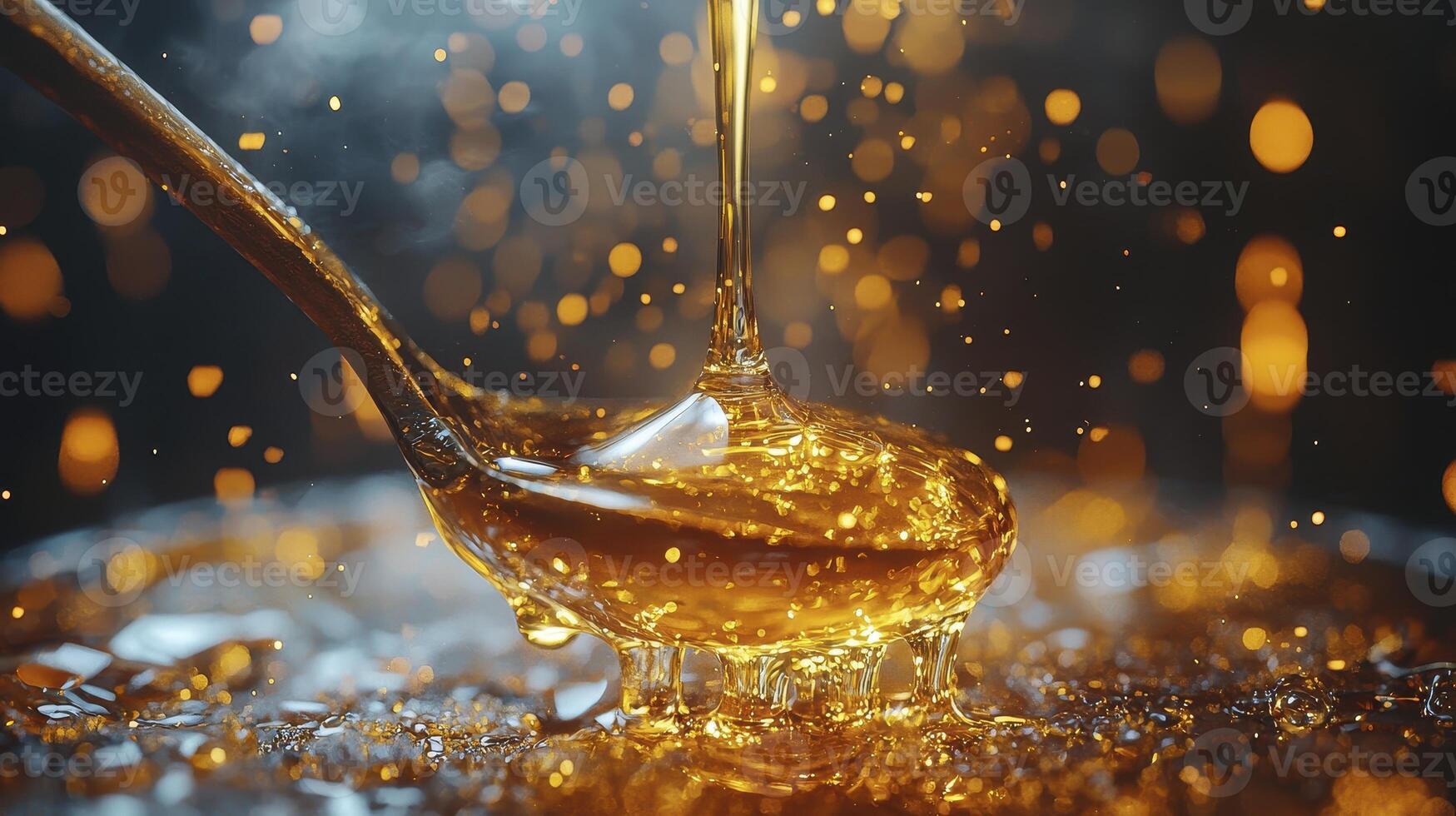 Golden Honey Drizzles A Captivating Macro Shot of Liquid Gold, Showcasing Its Viscosity and Transparency Observe the Delicate Dance of Light as it Reflects and Refracts through Each Drop This photo