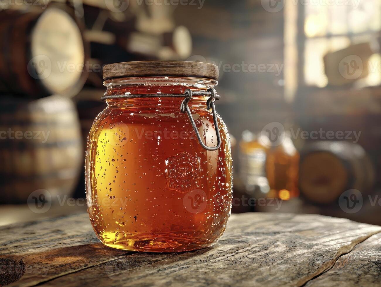 Golden Honey in a Rustic Jar Capturing the Essence of Sweetness and Tradition A close-up, warm-toned shot showcasing a jar of honey with wooden accents, barrels, and a rustic wooden background photo