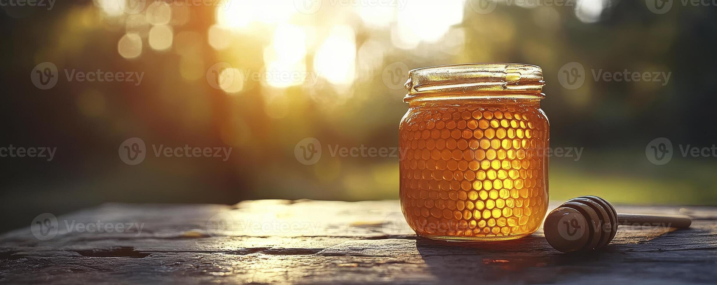 Golden Honey in Glass Jar on Rustic Wooden Table Capturing the Sweetness of Nature's Harvest, a Honeycomb Elixir of Pure Delight, Perfect for Healthy Breakfasts and Natural Remedies, Showcase its photo