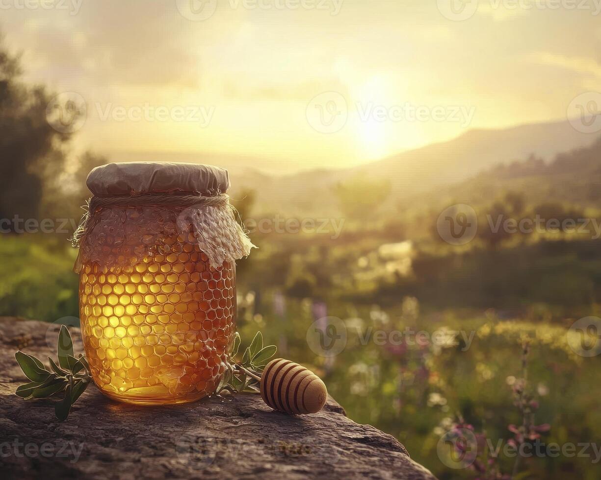 Golden Honey Jar at Sunset A Captivating View of Nature's Sweetness and the Warmth of the Setting Sun, Casting a Glowing Light on a Glass Jar of Delicious Honey Placed on a Stone Surface, with photo