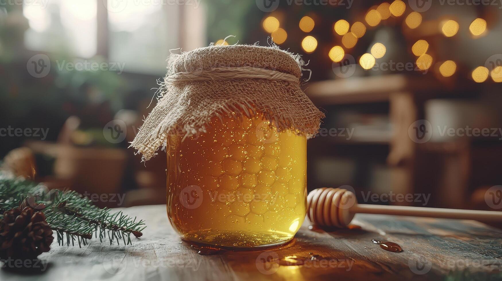 Golden honey jar capturing the warm glow of twinkling Christmas lights, creating a cozy and inviting atmosphere, perfect for adding a touch of sweetness to holiday recipes and celebrating the festive photo