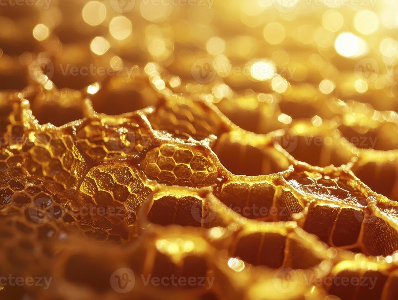 Golden Honeycomb Close-Up A captivating macro photograph showcasing the intricate geometric structure of a natural honeycomb filled with glistening, sweet honey Explore the textures, the light photo