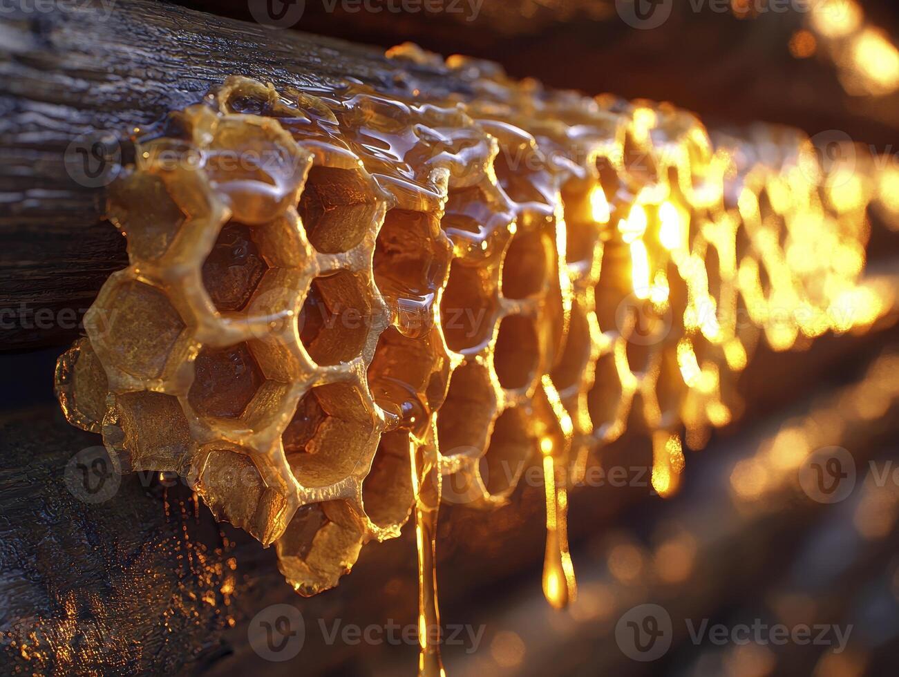 Golden Honeycomb Close-Up A Macro View of Natural Sweetness Explore the intricate hexagonal patterns and glistening honey dripping from this beautiful beeswax structure Perfect for illustrating photo