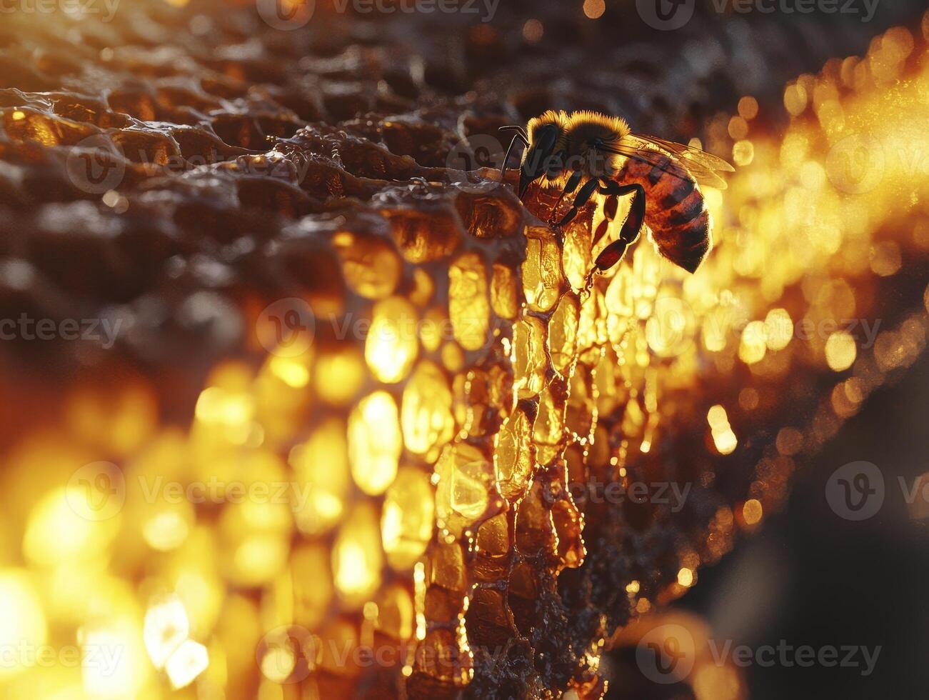 Golden Honeycomb Close-Up with a Single Bee, a Stunning Macro Photography Shot Showcasing the Intricate Details of Nature's Sweetest Creation, Highlighted by Warm Light and Rich Textures, Perfect for photo