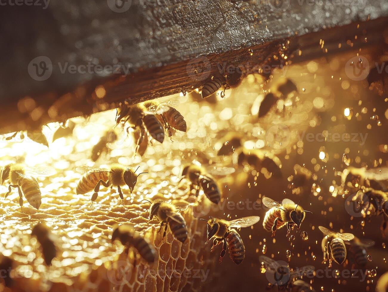 Golden Honeycomb Close-Up A captivating view into the bustling world of honeybees, showcasing their intricate dance of creation amidst the golden nectar and hexagonal architecture Witness the photo