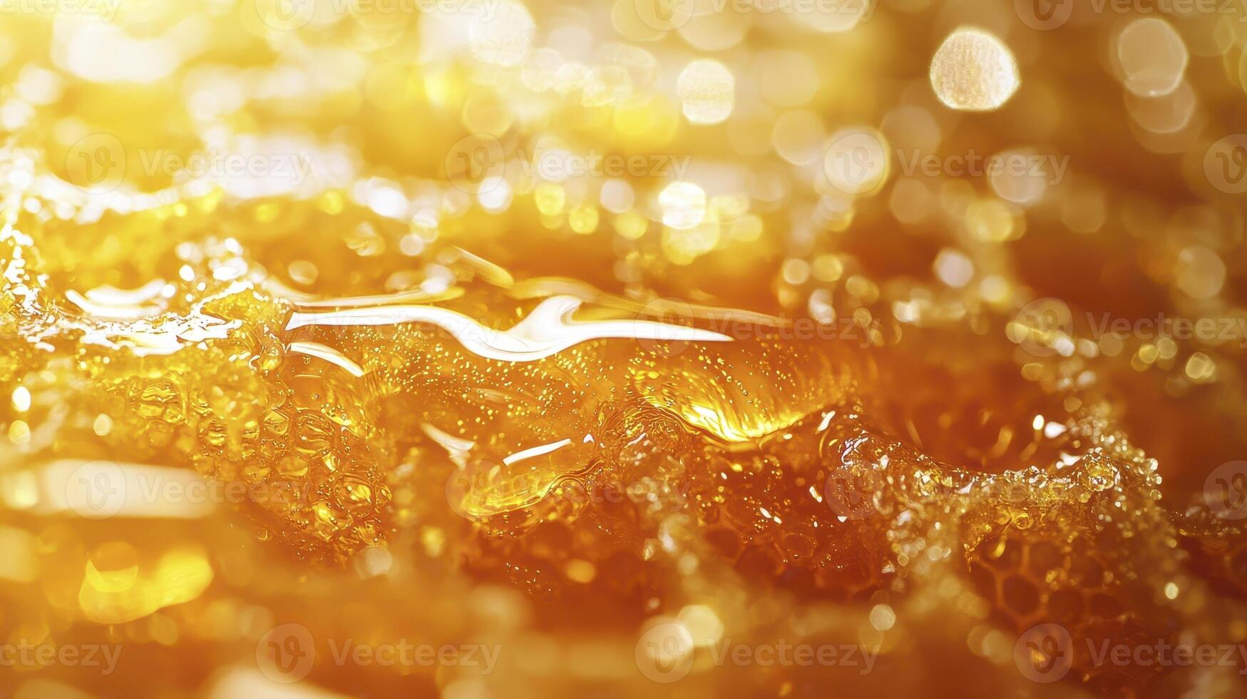 Golden Honeycomb Delight A Close-Up Glimpse into Nature's Sweet Nectar, Showcasing the Intricate Details and Rich Textures of Fresh Honey Witness the Translucent Amber Liquid, Reflecting Light and photo