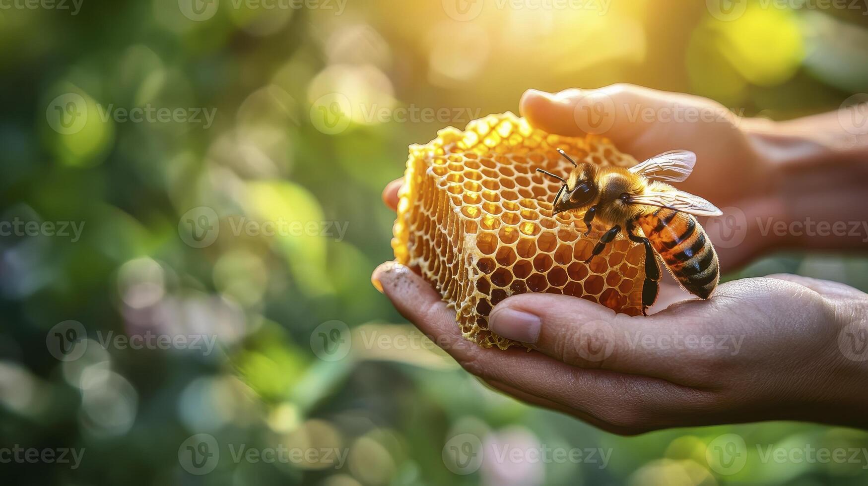 Golden Honeycomb Delight A Close-Up of Nature's Sweetness, Showcasing a Honeybee's Work in Progress This High-Resolution Image Captures the Intricate Details of the Honeycomb Structure, Held Gently photo