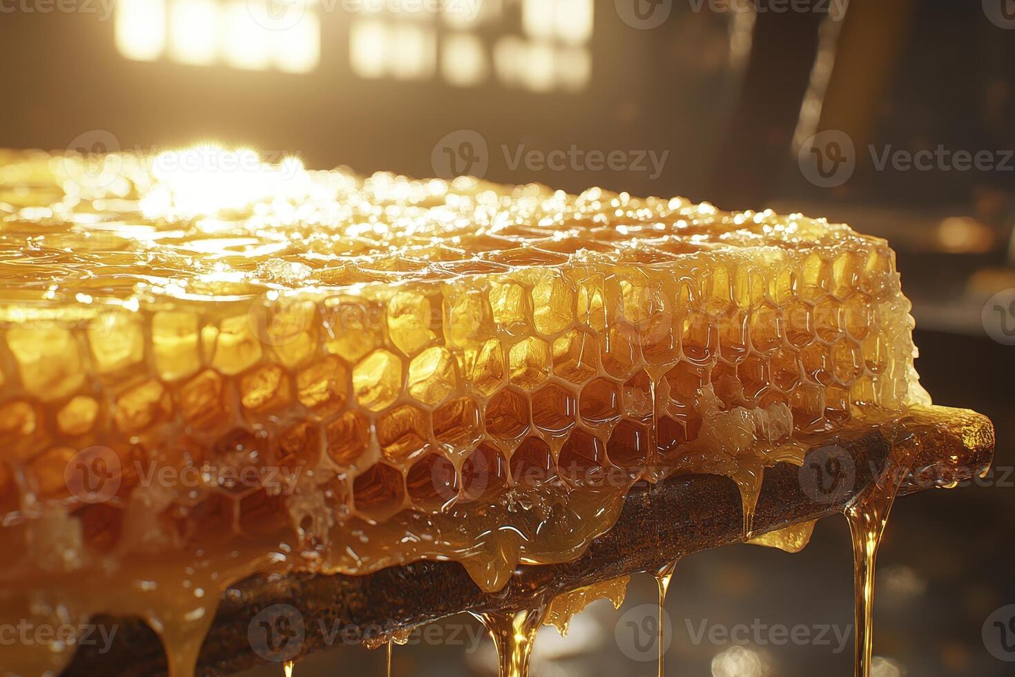 Golden Honeycomb Delight A Close-Up View of Nature's Sweetness and Elixir, Featuring Dripping Honey and Intricate Hexagonal Cells, Perfect for Food Blogs and Health Related Topics, Showcasing The photo