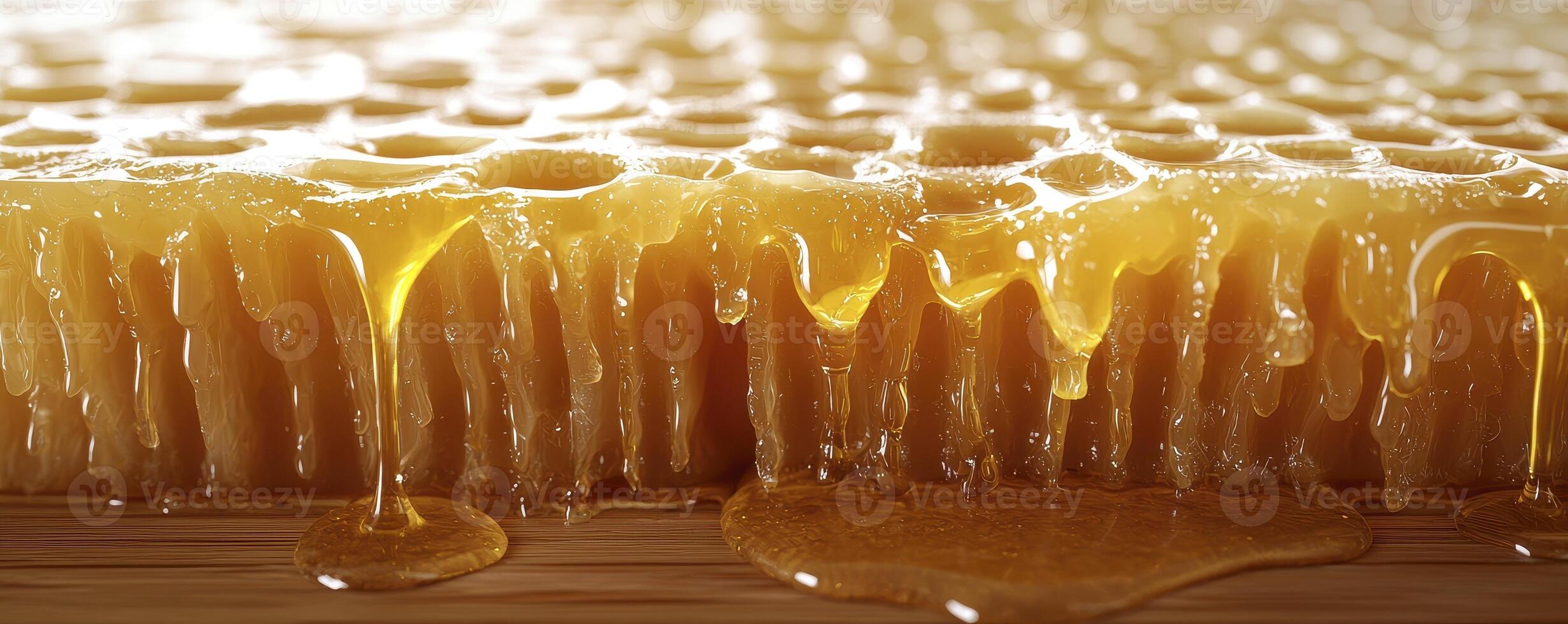 Golden Honeycomb Delight A Close-Up View of Nature's Sweetness, Showcasing the Intricate Structure and Dripping Honey Discover the Beauty and Detail of Honey in its Most Natural Form This image photo