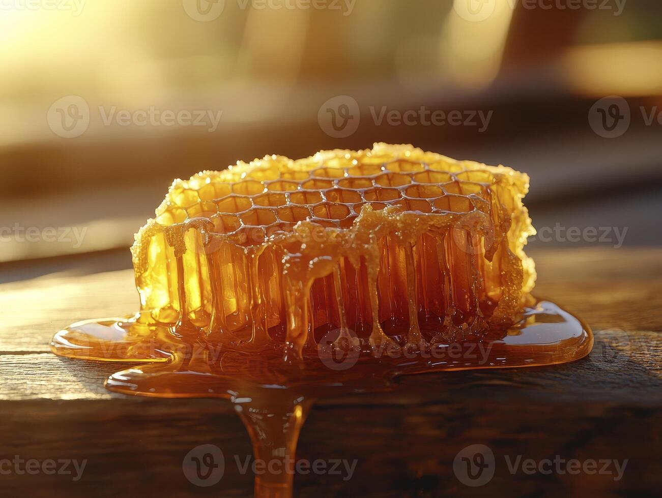 Golden Honeycomb Delight Captivating Image of Fresh, Natural Honey Dripping from a Honeycomb, Captured in Stunning Detail Explore the Sweetness and Beauty of Nature's Golden Elixir Ideal for Food photo