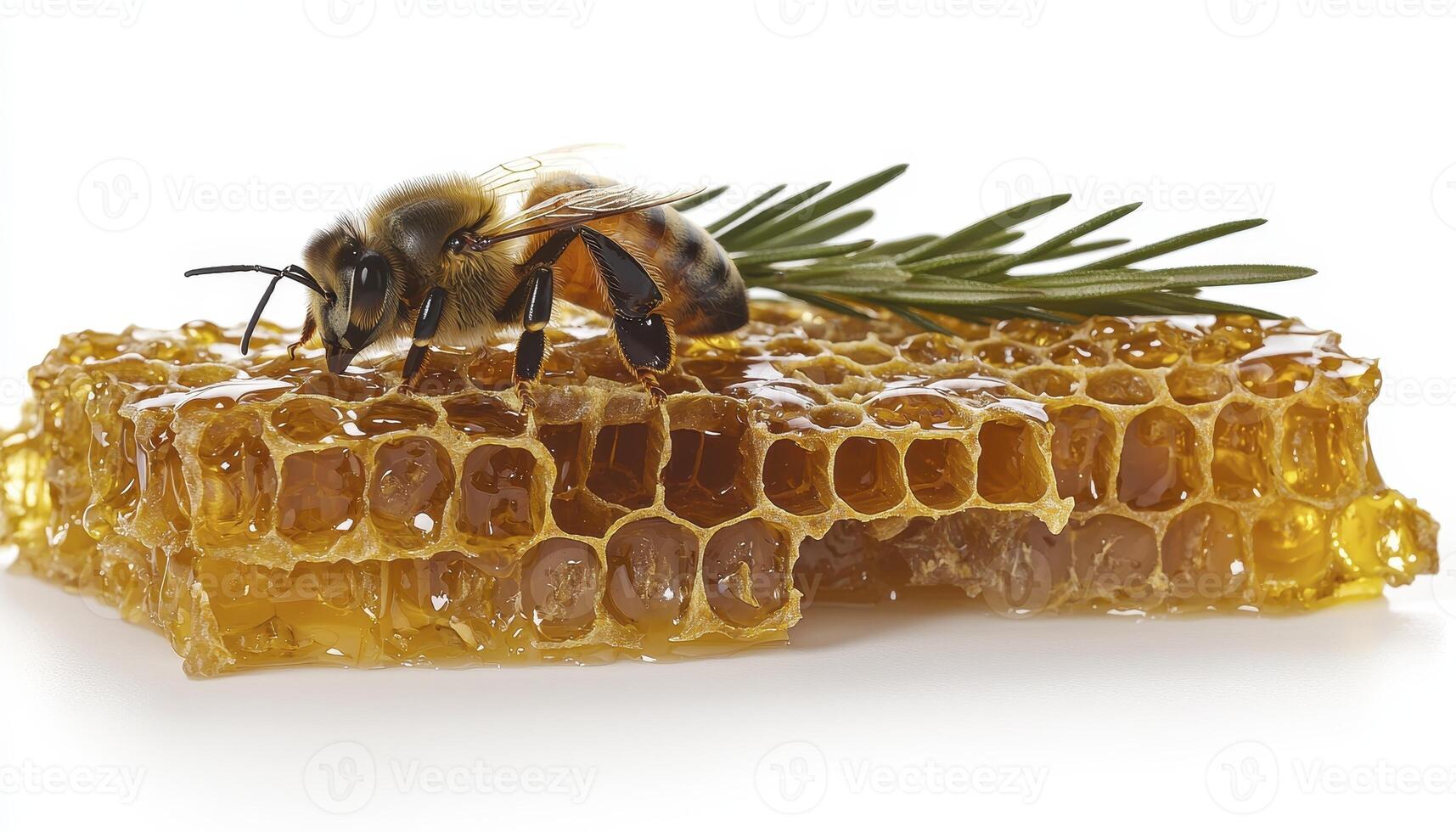 Golden Honeycomb Delights A Close-Up Look at Nature's Sweetest Creation, Showcasing the Intricate Cells Built by Bees, Filled with Pure, Delicious Honey, Featuring a Honeybee Gathering Nectar and photo