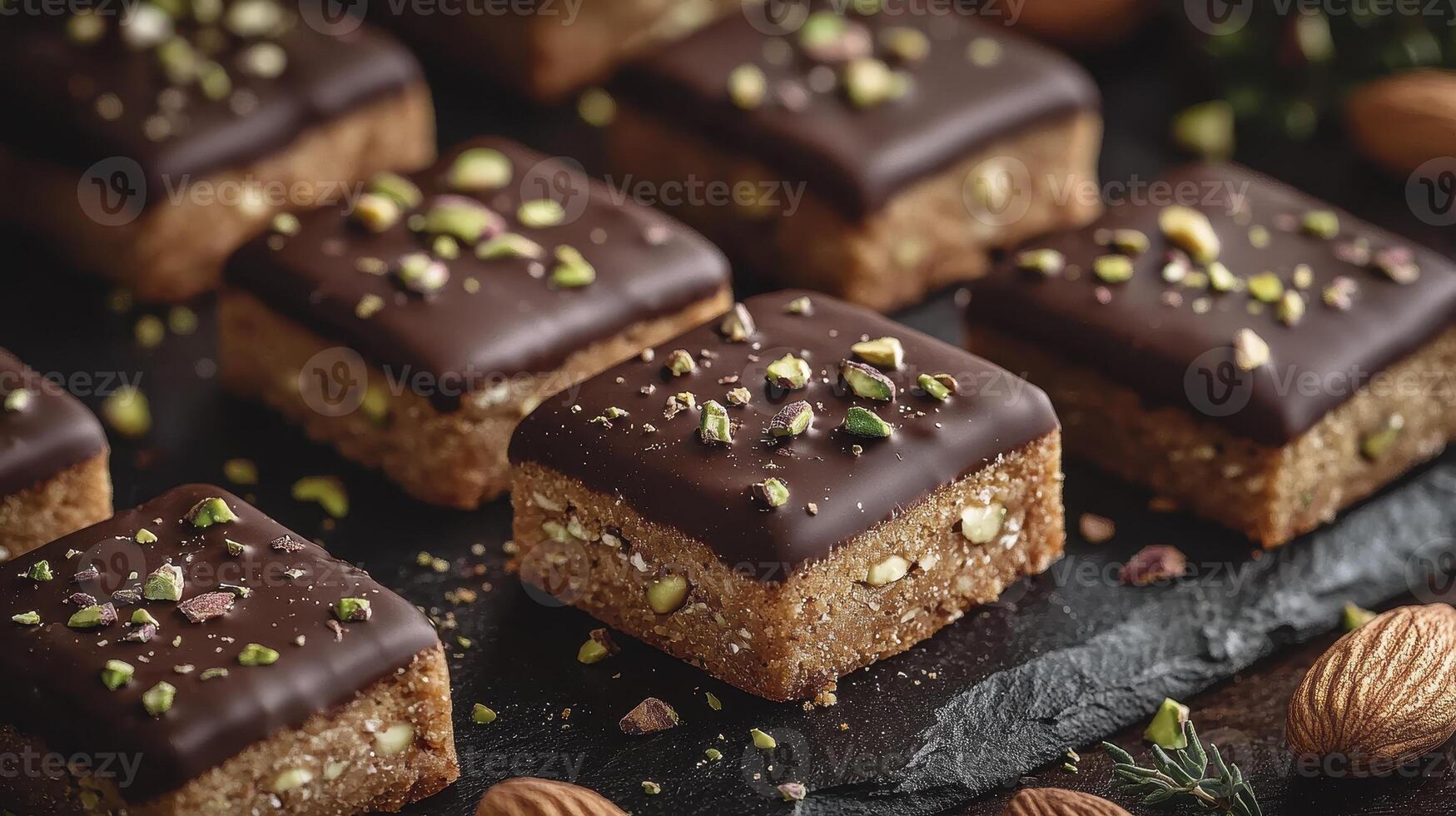 Indulge in Decadent Delights A Close-Up of Exquisite Chocolate Pistachio Squares, Featuring Rich Cocoa Glaze and Finely Chopped Nuts, Perfect for Food Blogs, Culinary Websites, and Dessert photo