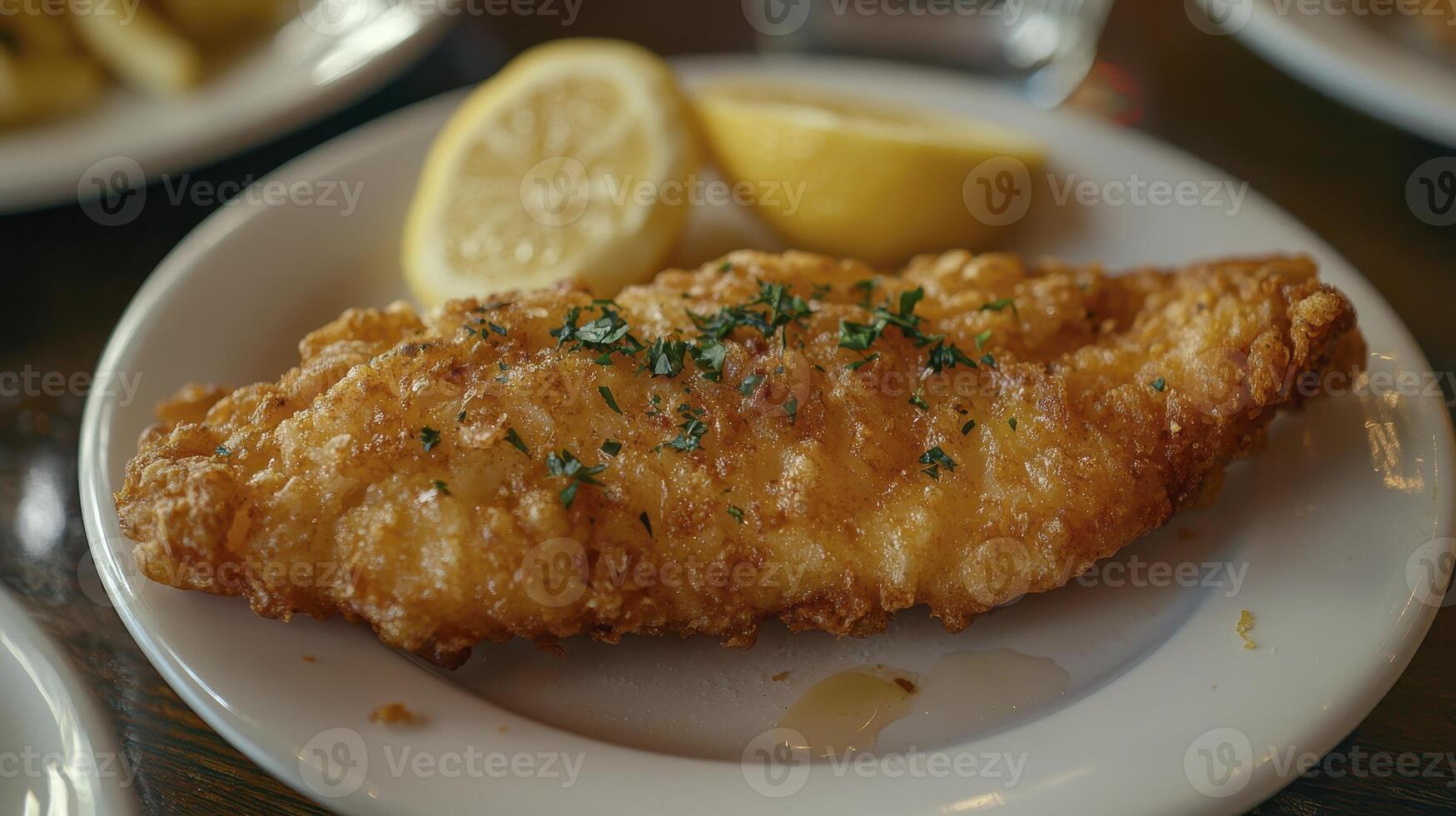 Indulge in the Crispy Perfection A Close-Up View of Delicious Fried Fish Served on a White Plate, Garnished with Fresh Lemon Wedges and Aromatic Herbs, Showcasing Culinary Excellence and the Joy of photo