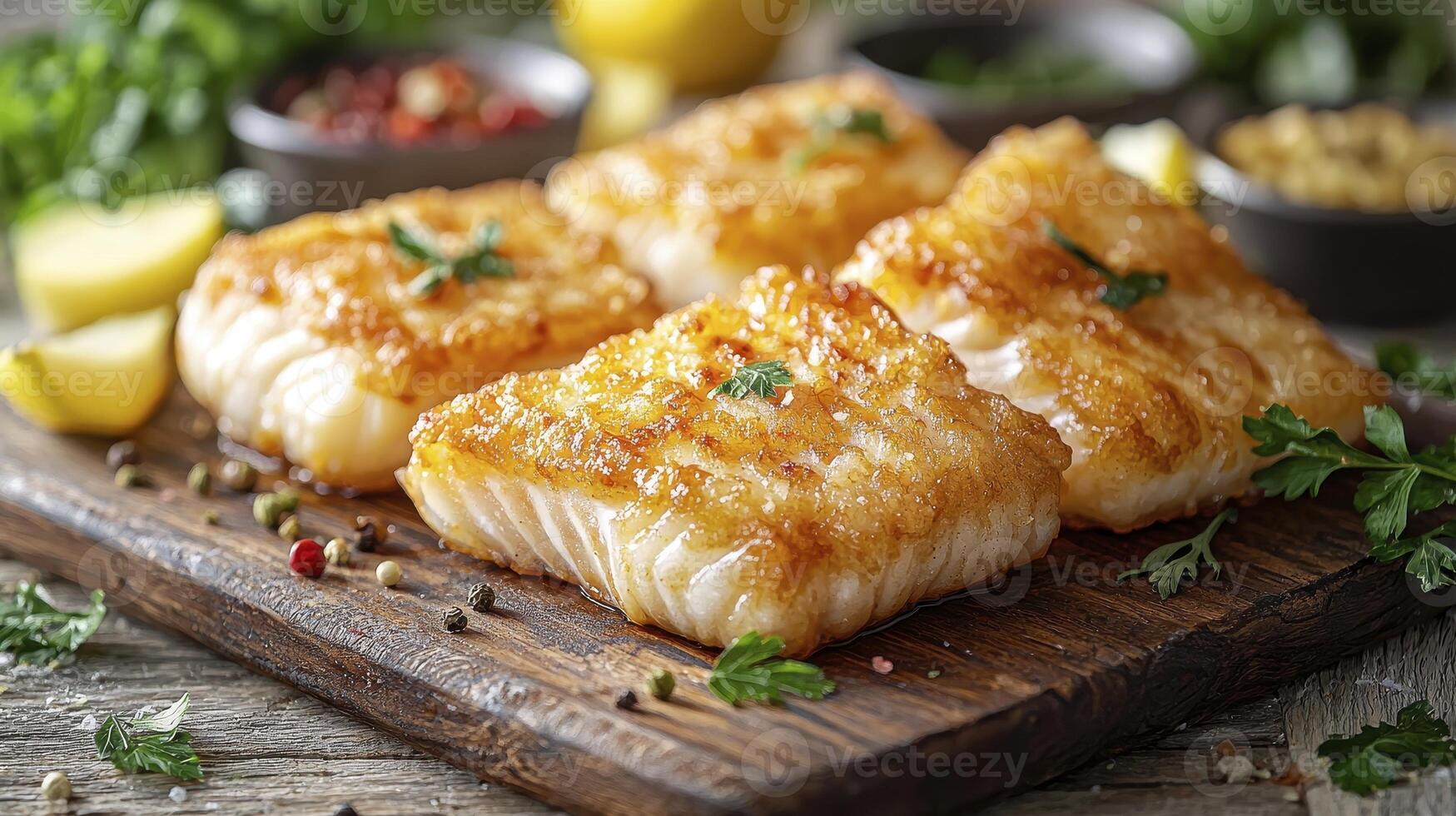 Indulge in the delightful flavors of pan-seared cod fillets, showcasing a golden-brown crust and succulent, flaky interior, served on a rustic wooden board, adorned with fresh herbs, vibrant photo
