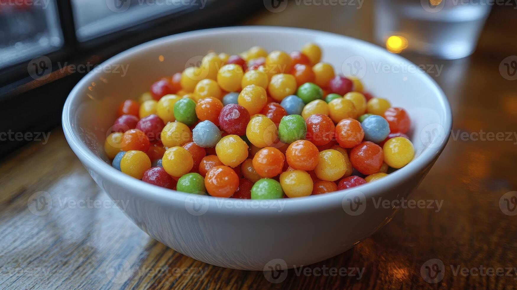 Vibrant Candy Bowl Delight A Captivating Close-Up Photograph Showcasing a Variety of Colorful Round Candies in a White Ceramic Bowl, Bathed in Soft Natural Light Near a Window, Perfect for Sweet photo