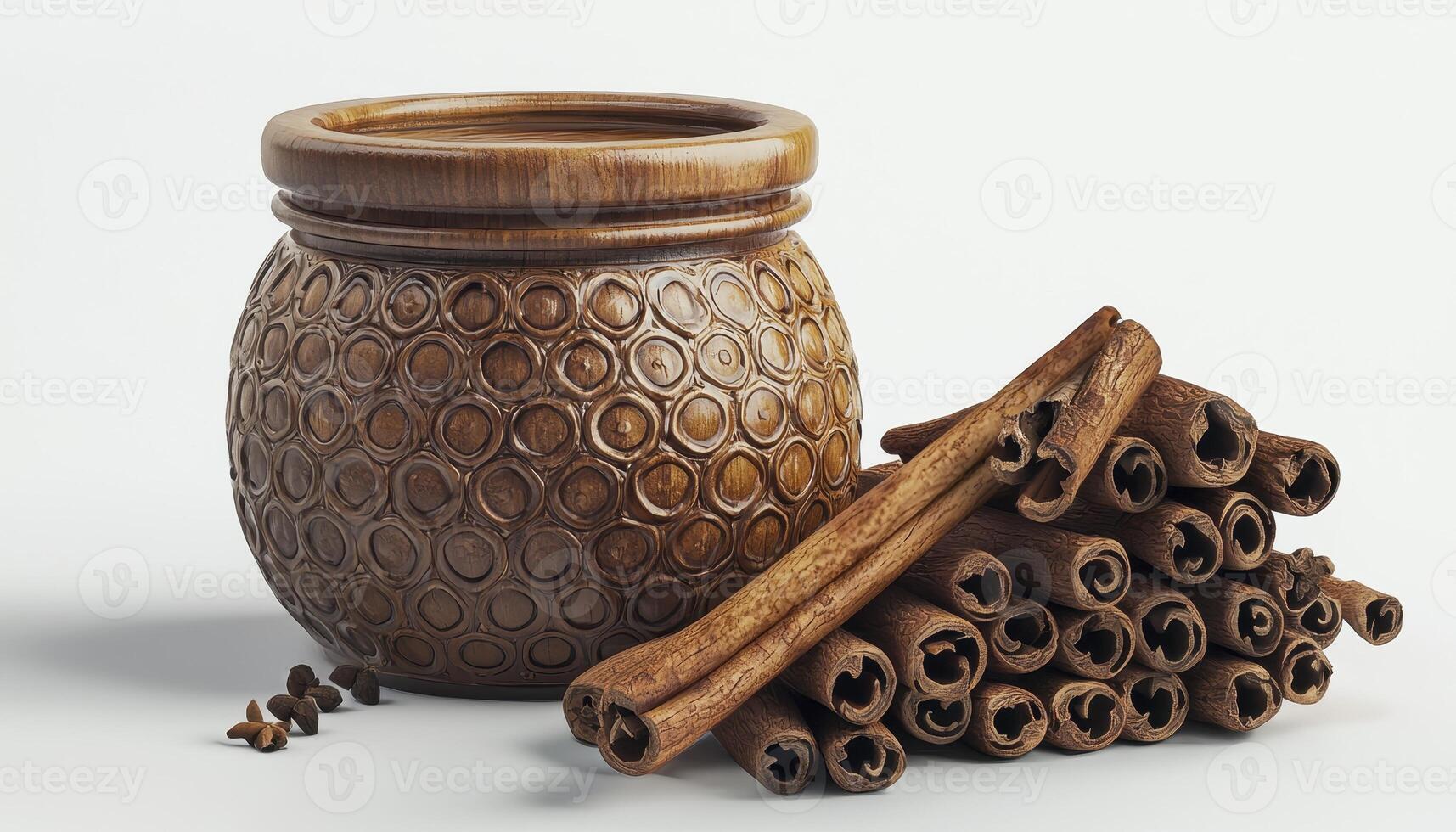 Warm Spice Still Life A captivating close-up photograph showcasing the rich textures of cinnamon sticks arranged beside an intricately patterned wooden pot, enhanced by scattered cloves This image photo
