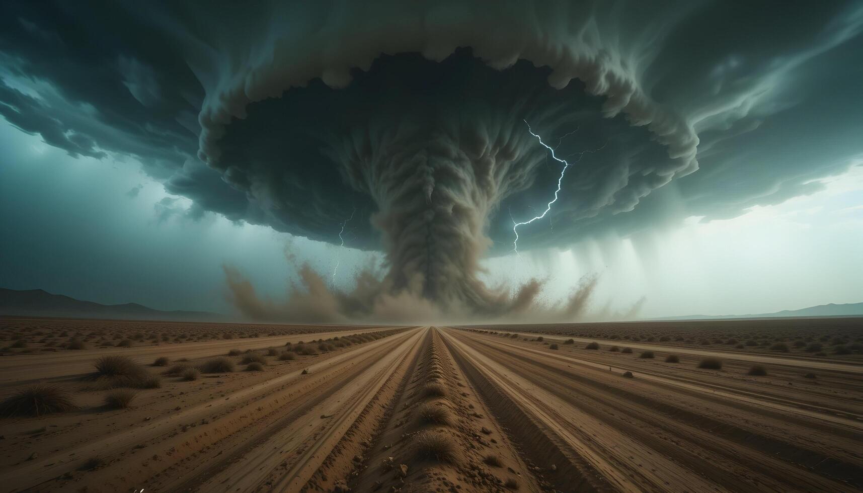Approaching Dust Devil Over Desert Road with Lightning and Stormy Skies photo