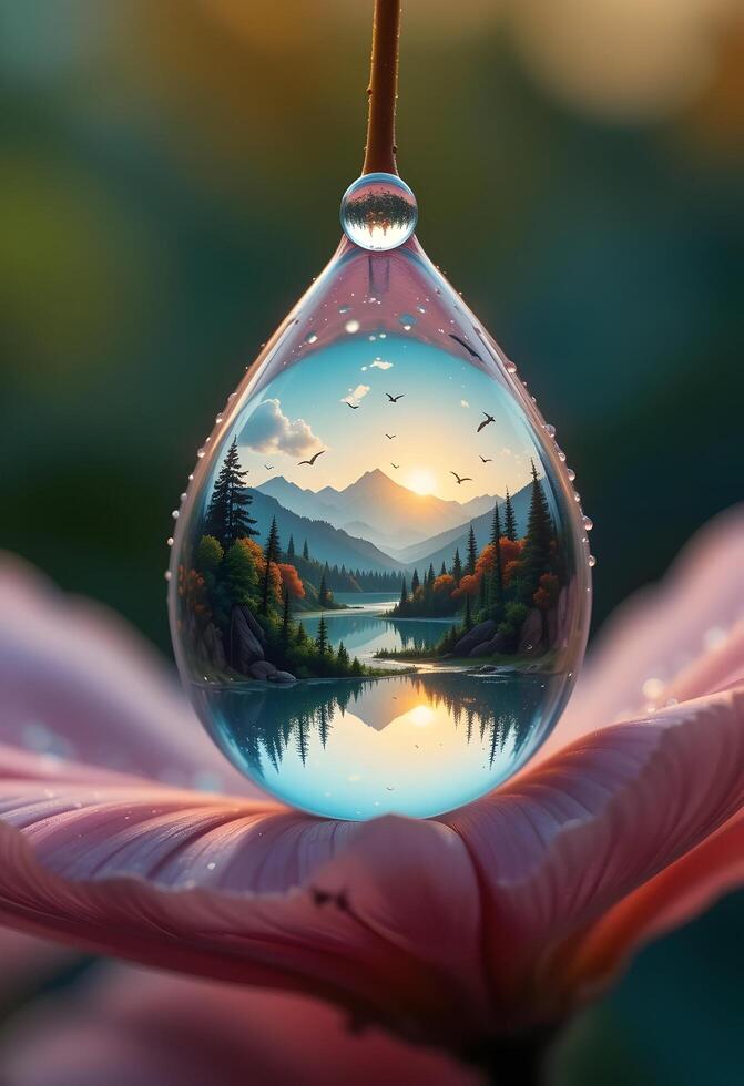 Water Drop Reflecting Mountain Landscape at Sunrise with Birds Flying photo
