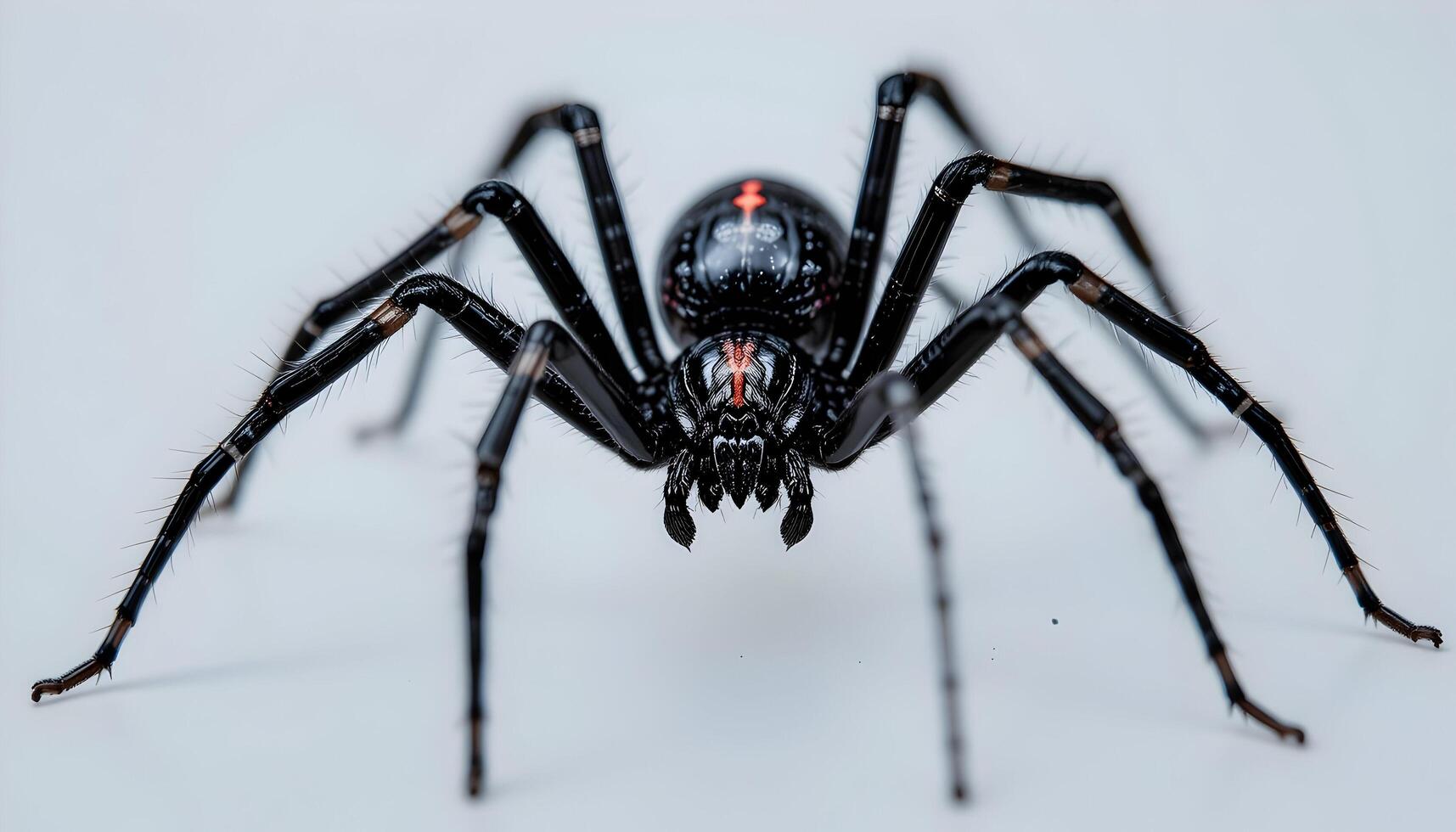 Close-up of a Black Widow Spider with Red Markings on White photo