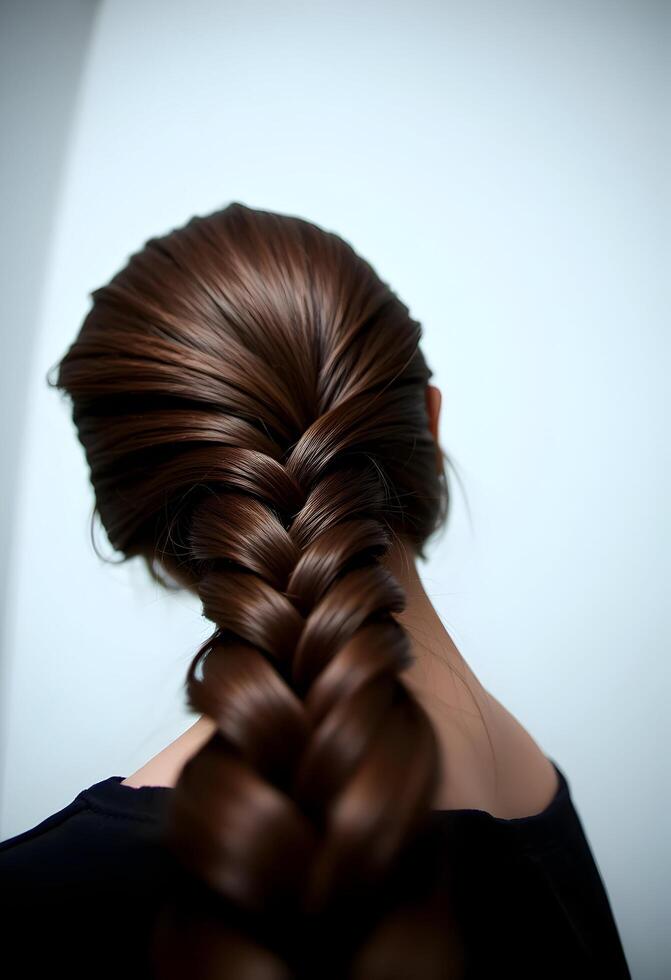 Woman Showing Elegant Braid Hairstyle with Shiny Brown Hair Fashion photo