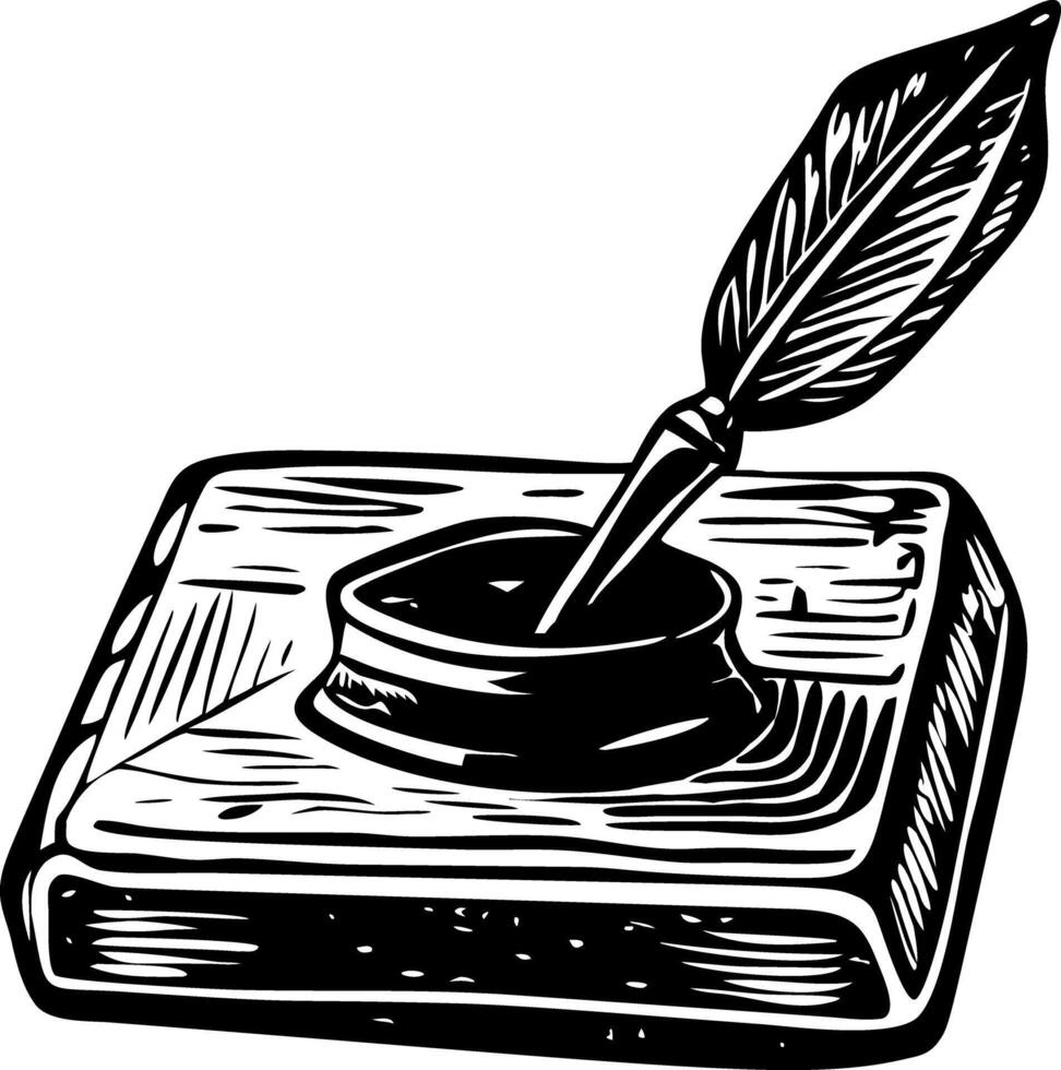 Japanese inkstone with quill pen, vintage illustration vector