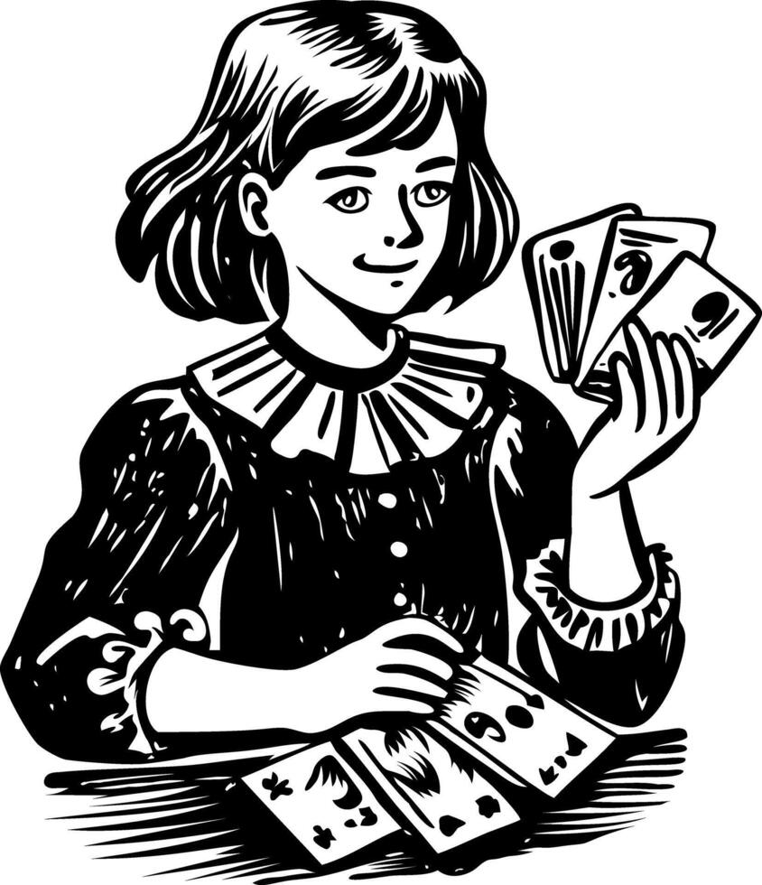 Vintage illustration of a female character playing cards vector