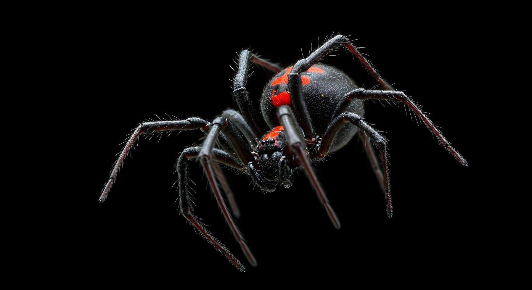 Black Widow Spider Close-up with Red Markings on a Black Background photo