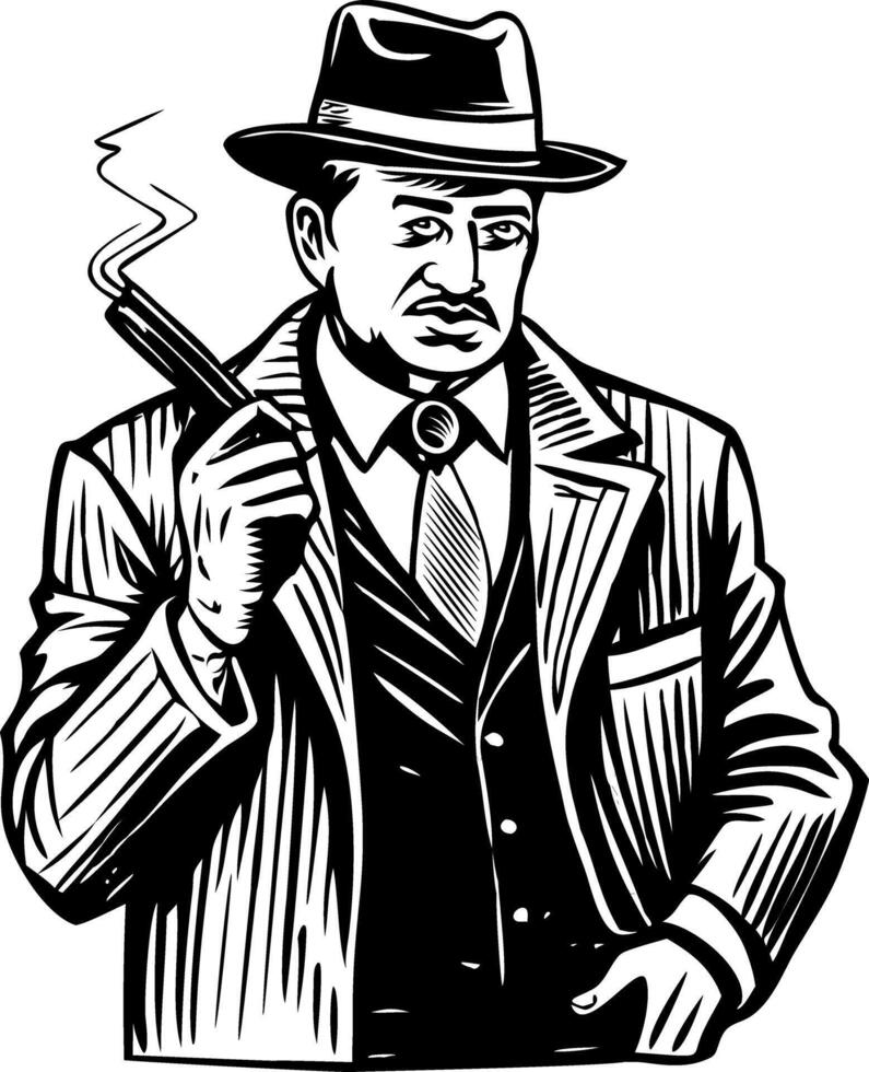 Mobster character holding a burning cigar, vintage illustration vector
