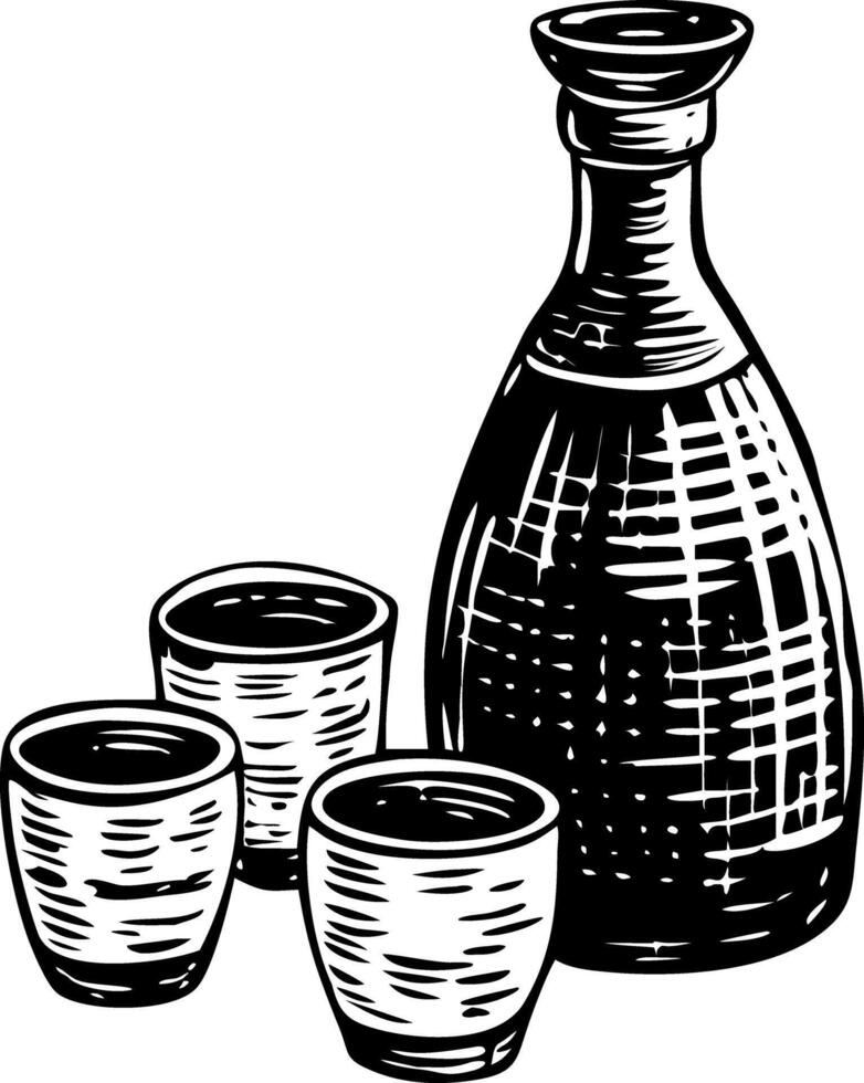 Vintage illustration of a sake bottle with three glasses vector