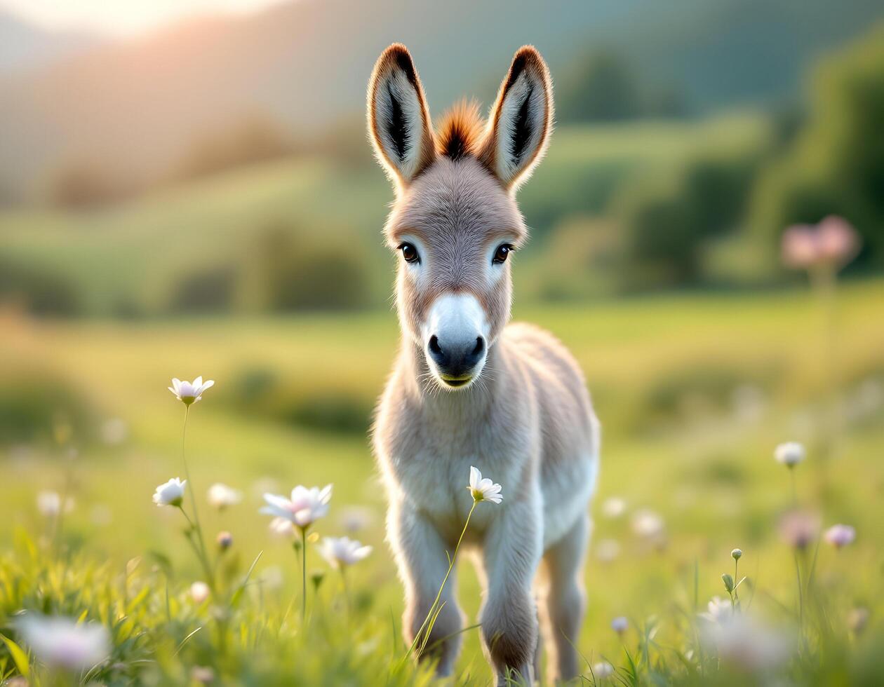 Cute Baby Donkey Portrait in Meadow with Flowers at Sunset photo