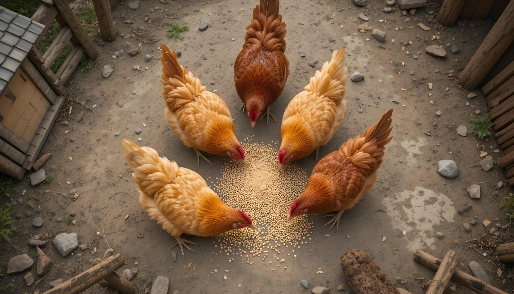 Chickens Eating Grain Feed Together on Farm Ground From Above photo