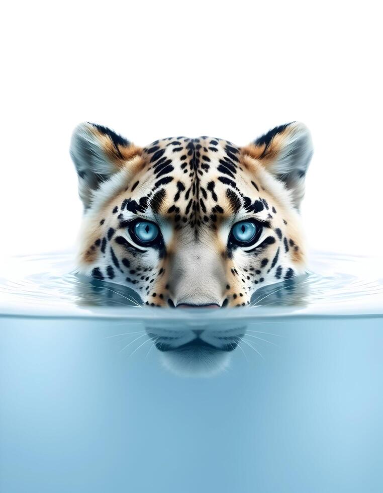 Jaguar Staring Above Waterline with Blue Eyes on Clear Background photo