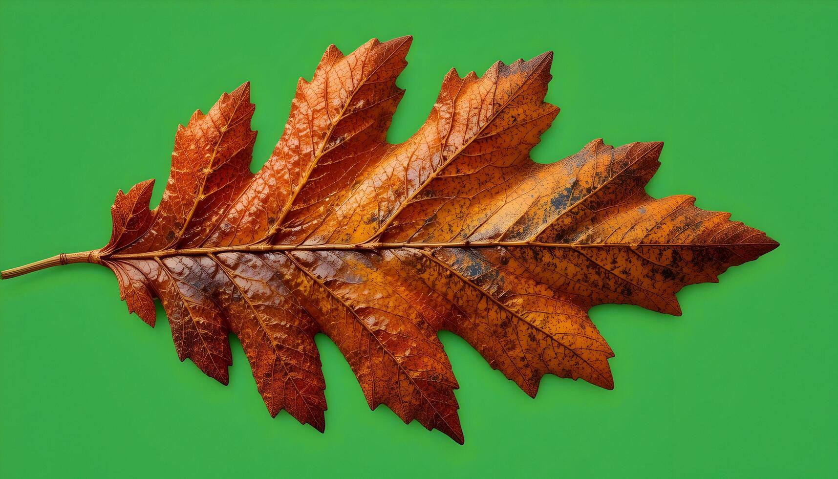 Autumn Leaf with Orange Hues Against a Vibrant Green Backdrop photo