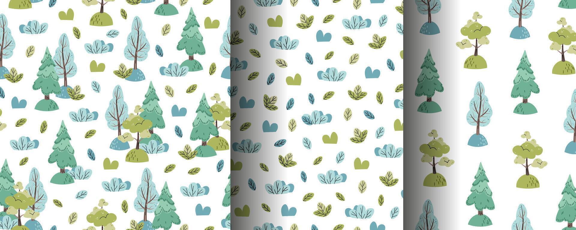 Collection of seamless patterns with cute forest trees and bushes in flat style. Children's background with fir tree, deciduous trees and grass. Cartoon texture for fabric, wallpaper, clothes. vector