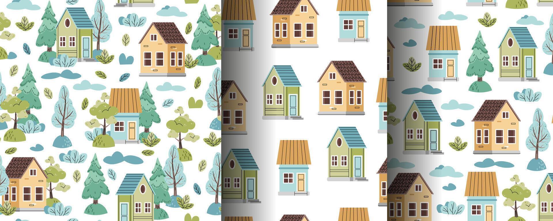 Collection of Seamless patterns with cute houses and forest trees in flat style. Children's background with country houses, Christmas tree and clouds. Cartoon texture for fabric, wallpaper, clothes. vector
