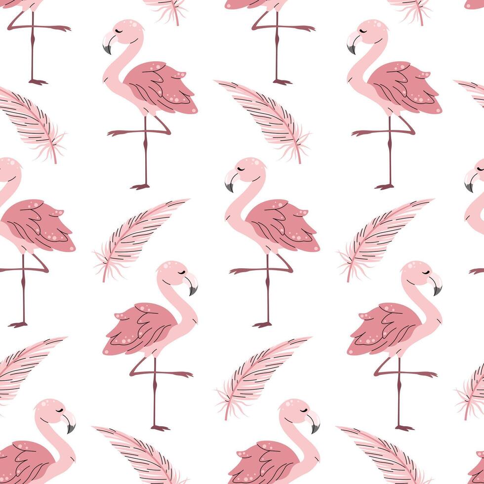 Seamless pattern with cute flamingos in flat style. Repeating background with tropical birds. Childish illustration for fabric, wallpaper, wrapping paper, scrapbooking, etc. vector