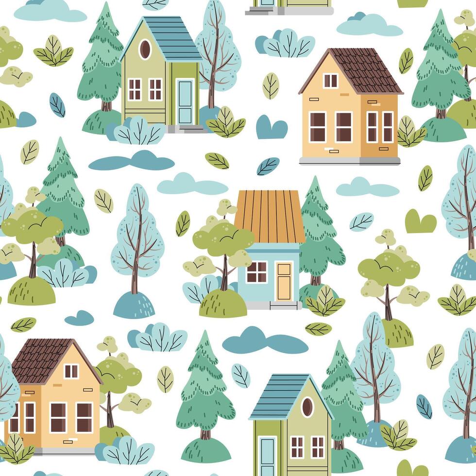 Seamless pattern with cute colorful houses and forest trees in flat style. Children's Background with country houses, spruce and clouds. Cartoon texture for fabric, wallpaper, clothes. vector