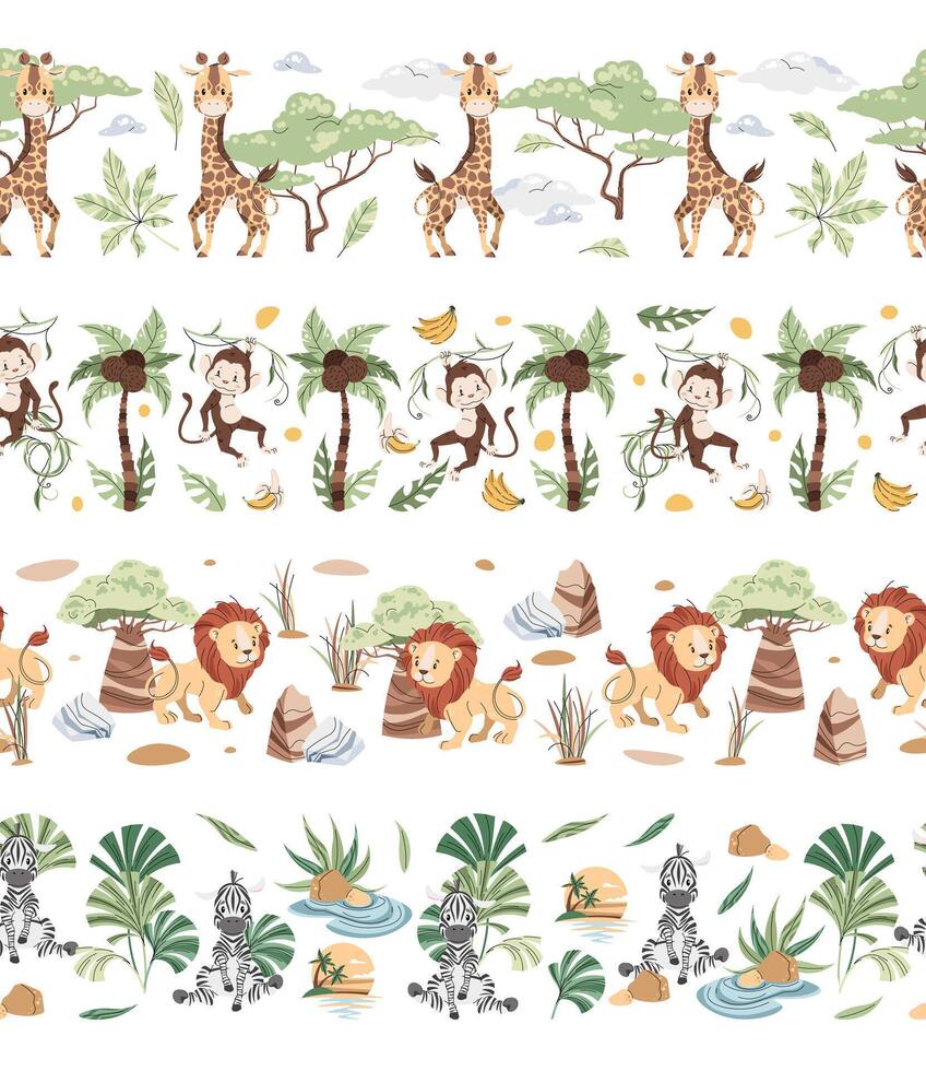 Set of Horizontal seamless borders with cute animals. repeating illustration of African animals for kids wallpaper, tape, fabric etc. vector
