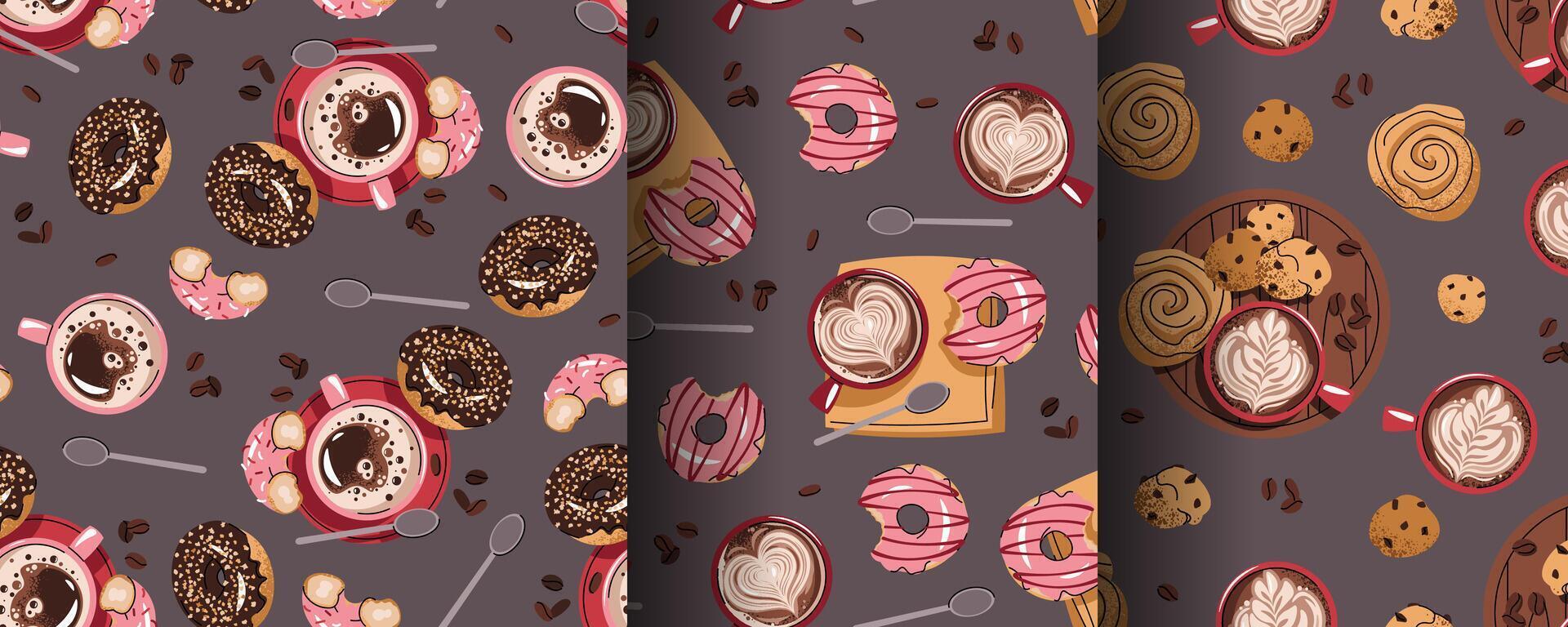 Set of Seamless patterns with a cup of coffee and a donut. Repeating texture with a coffee drink and dessert. Coffee time. Suitable for textiles, wallpaper, paper, etc. vector