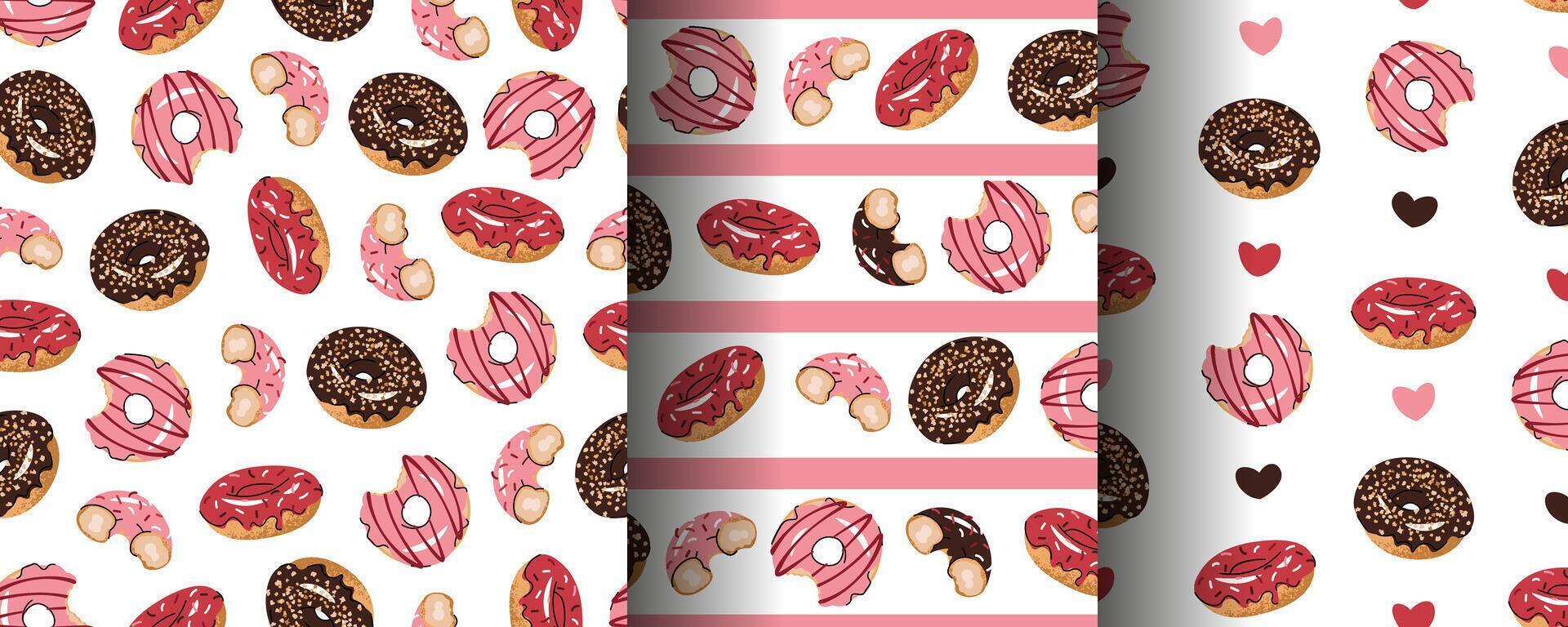 Set of Seamless patterns with glazed donuts. Repeating texture with delicious dessert for fabric, wallpaper, paper, etc. vector