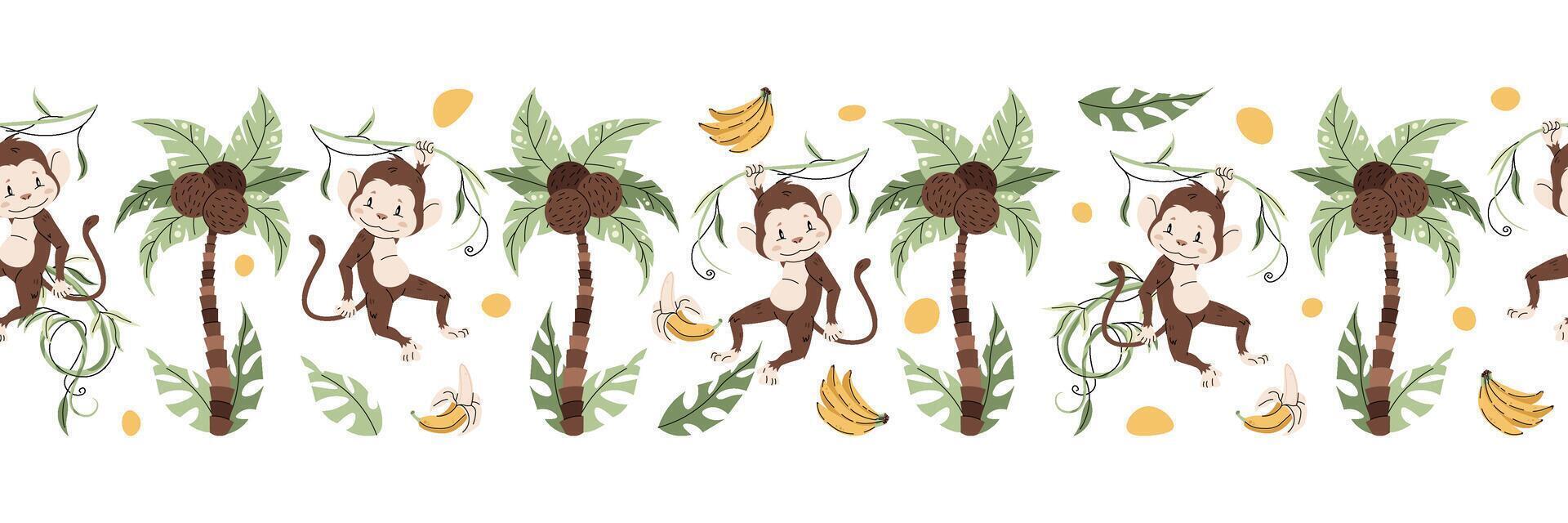 Horizontal seamless border with cute monkey, palm tree, bananas. repeating illustration of african animal for kids wallpaper, tape, fabric etc. vector