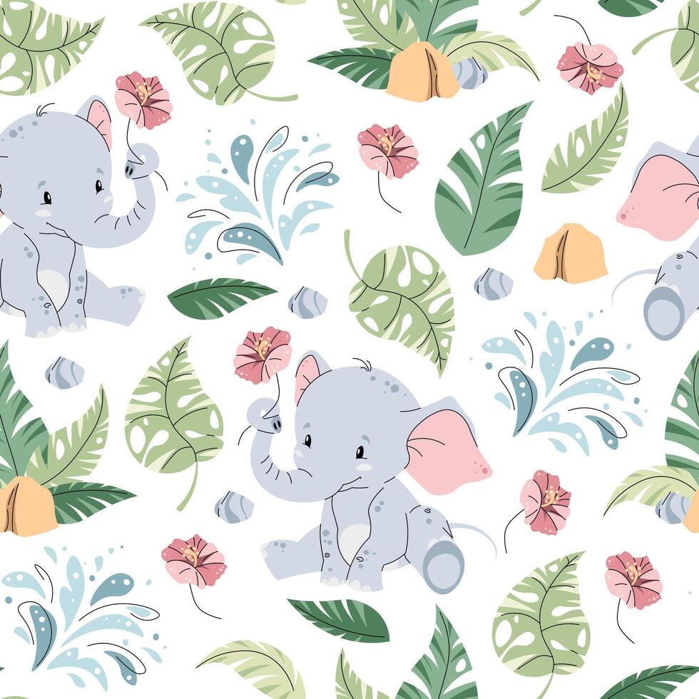 Seamless pattern with cute elephants in flat style. Repeating background with African animals and tropical plants. Childish illustration for fabric, wallpaper, wrapping paper, scrapbooking etc. vector