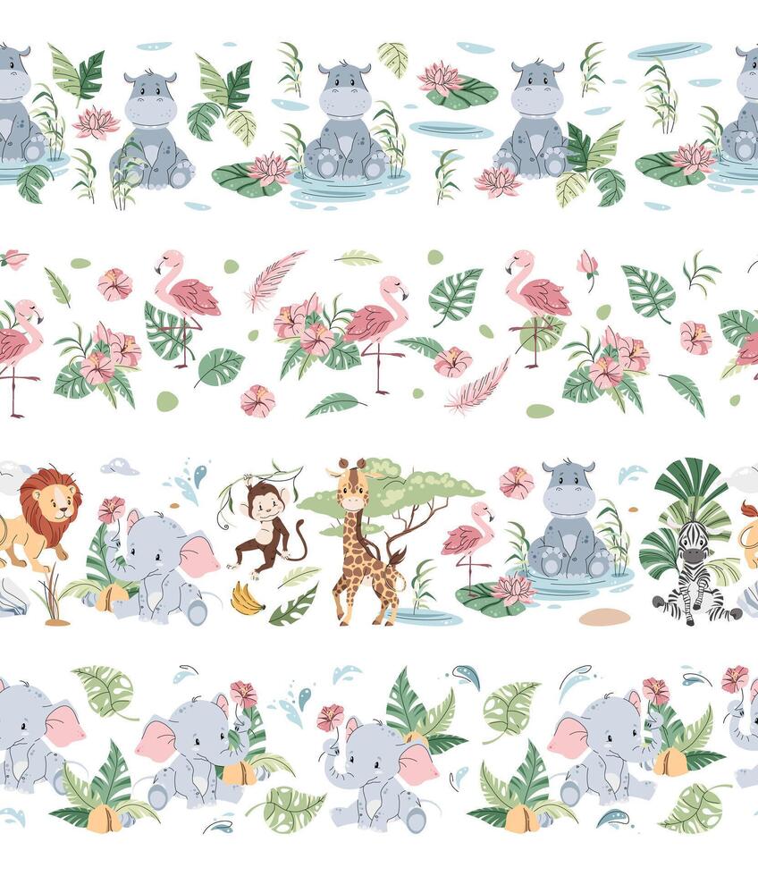 Set of Horizontal seamless borders with cute animals. repeating illustration of African animals for kids wallpaper, tape, fabric etc. vector