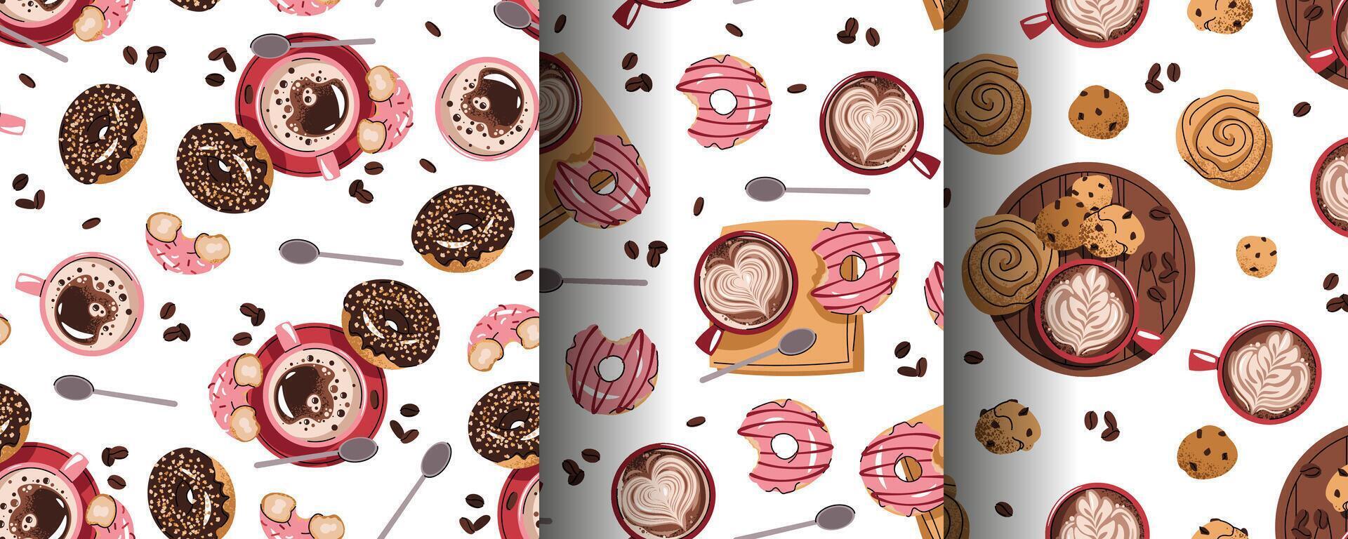 Set of Seamless patterns with a cup of coffee and a donut. Repeating texture with a coffee drink and dessert. Coffee time. Suitable for textiles, wallpaper, paper, etc. vector