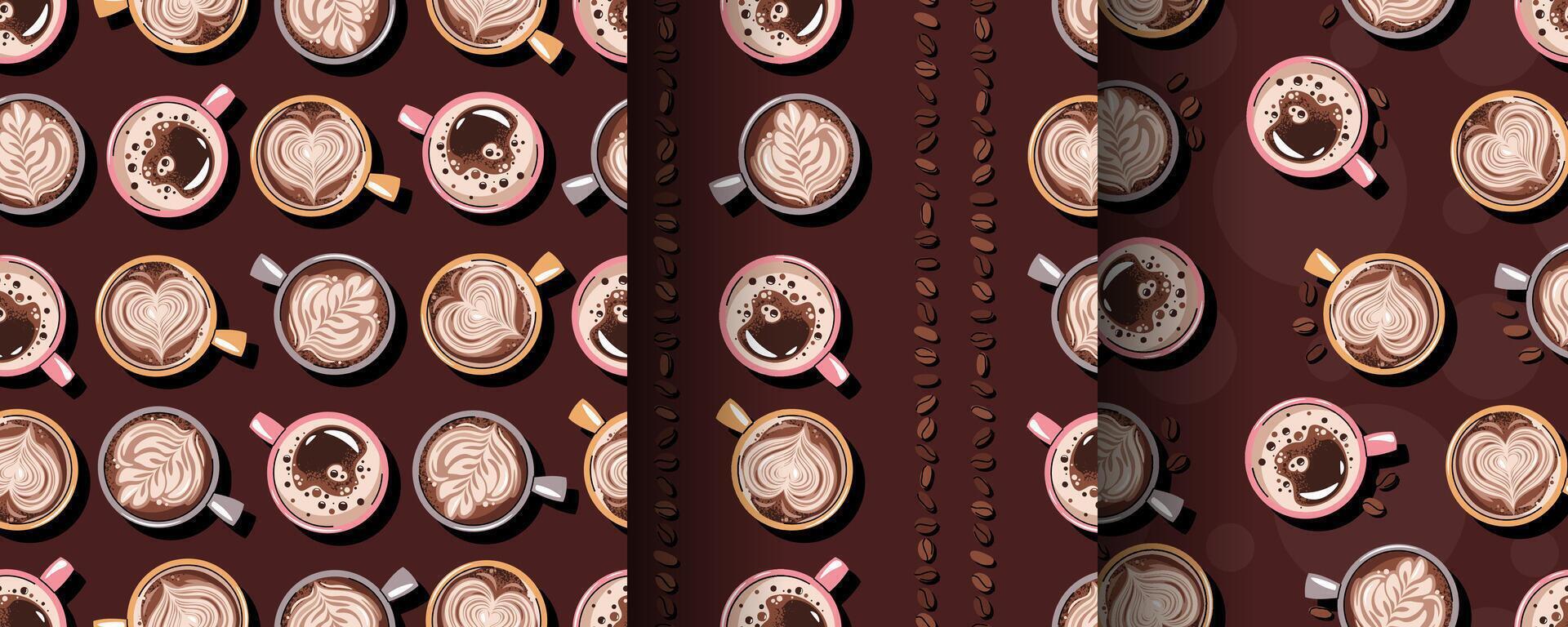Set of Seamless patterns with a cup of coffee and coffee beans. Repeating texture with hot coffee beverage for fabric, wallpaper, paper, etc. vector