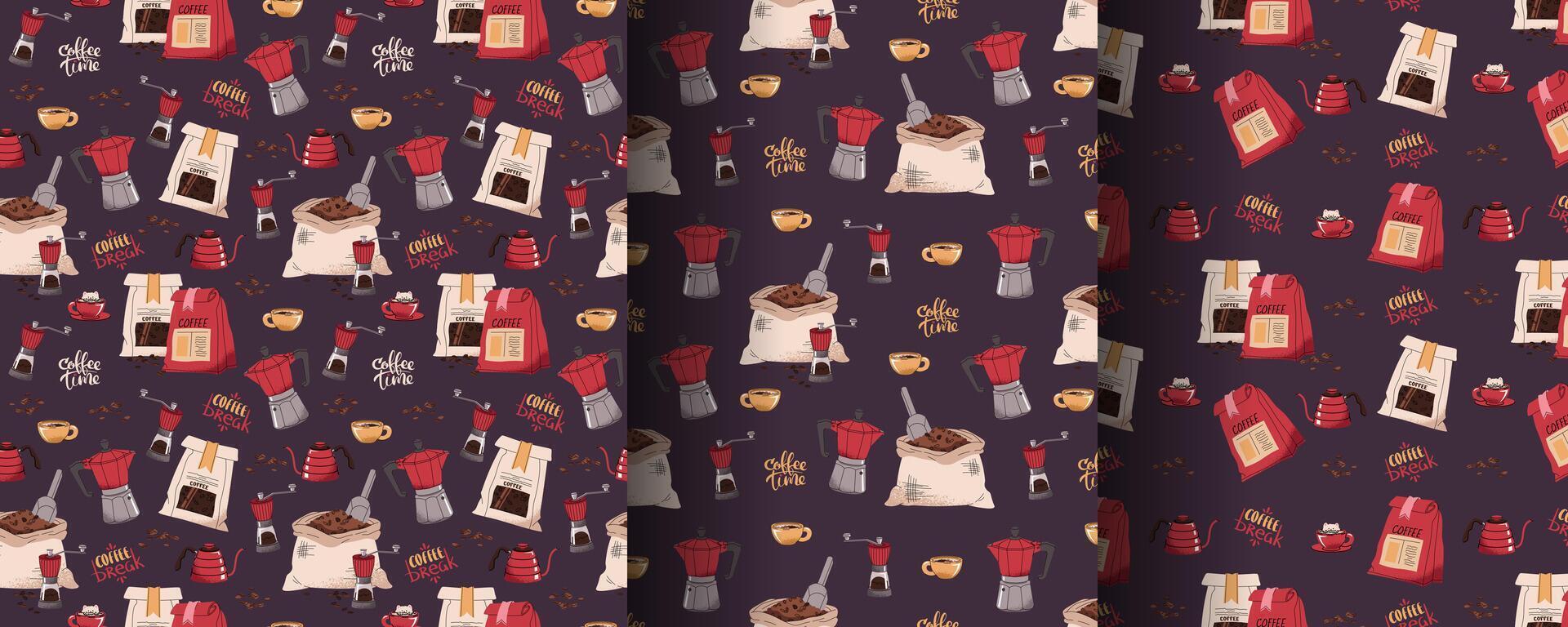 Set of Seamless patterns with coffee bag, moka pot, teapot, coffee grinder. Repeating texture with coffee accessories and tools. Barista tools. Coffee time. Suitable for textile, wallpaper, paper, etc vector