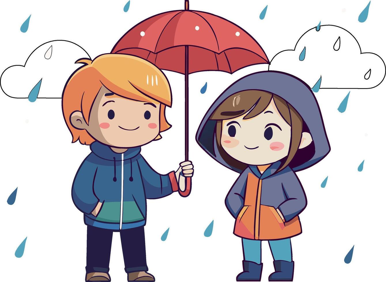 Boy and Girl Under Umbrella Cute Coloring Pages for Kids vector