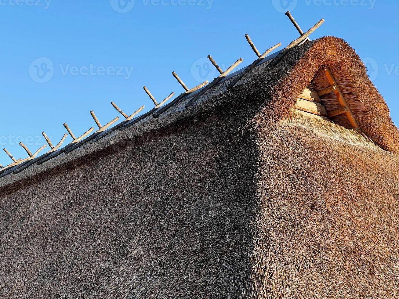 Traditional thatched rooftop under blue sky showcasing rustic architecture details photo