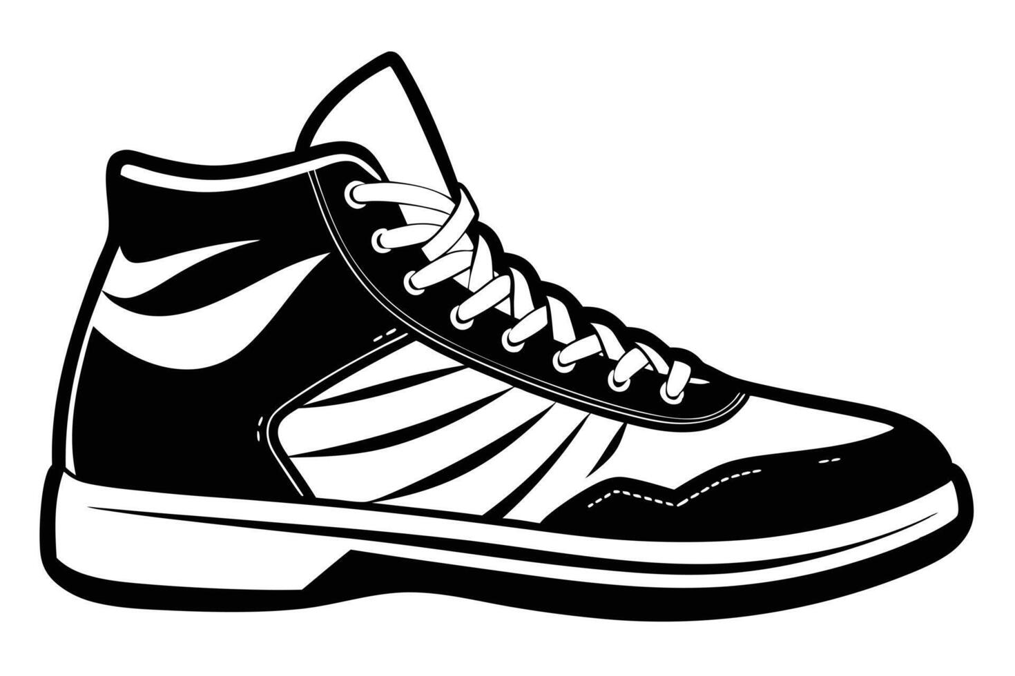 Stylish black and white illustration of a high-top athletic shoe. vector